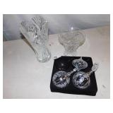 GLASS VASES AND 3 GLASS BULBS WITH SILVER TONE