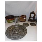 WOODEN CLOCK; DECORATIVE PLATES; TISSUE BOX