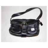 BLACK LEATHER COACH BAG, 12" LONG X 7" TALL