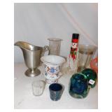 TEAL GLASS CANDLE HOLDERS, VASES, "J B SMITH
