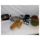 3 MINI BOTTLE OF ALCOHOL, POTS AND PANS, ETC.