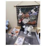 BASKET W/ FLOWERS, BUNNY WALL HANGING, ETC.