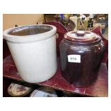 CROCK CHIP ON BASE, BROWN JAR W/ LID CHIP ON LID