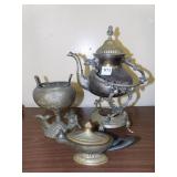 BRASS TEA POT ON STAND, INSCENT POT, TRAYS,