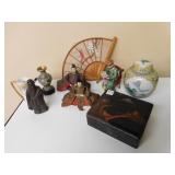 ORIENTAL DOLLS, WOOD BOX, FAN, VASE ETC.