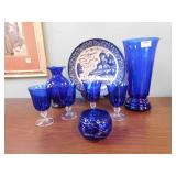 BLUE, WHITE PLATE, COBALT GLASSES, VASE, ETC.