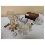 VARIOUS PINS, WOODEN JEWELRY BOX, GLASS VASE,
