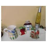 TWO STAINED GLASS PIECES, LAVA LAMP, ETC.