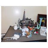 TIN CANDLE HOLDER, FIGURINES, MARBLE BOX END,