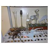 ETCHED BUD VASE, REIN DEER, SATIN GLASS LAMP,