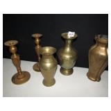 BRASS 7" CANDLESTICKS, 9" VASE, ETC.