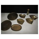 BRASS TRAYS, SWAN W/ MINI DISHES, TRAYS, VASE