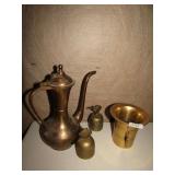 9" H POT, BRASS DISH, ELEPHANT TOP BELL, ETC.