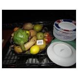 FAUX FRUIT, FITZ FLOYD PLATES, WOOD BOWL, ETC.