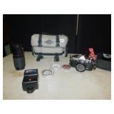 CANON AE-1 PROGRAM 50MM WITH CASE; PENTAX FLASH;