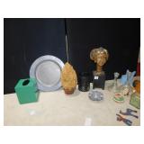 BLUE LAMP BASE, TEA POT, ETC.