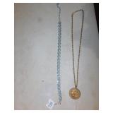 RHINESTONE NECKLACE, & GOLD TONE CHAIN W/ MEDAL