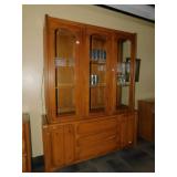 TWO PIECE OAK CHINA CABINET 3 GLASS PANEL FRONT .