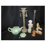 CANDLE HOLDER, TEAPOT LID DAMAGED, FIGURINES.