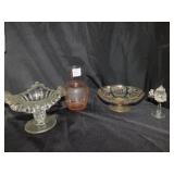 PEDESTAL DISHES, PINK BOTTLE, VASE.