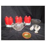CANDLES, ROOSTERS, SUGAR DISH.