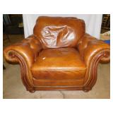 LEATHER TURNED ARM CHAIR, DISTRESSED FINISH,