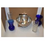 SILVER PLATE BOWL, VASES,