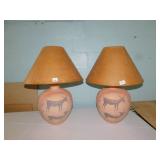 TWO 28" CLAY RAISED DESIGN LAMPS W/ SHADES