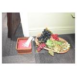 WOOD BOWL, PLASTIC FRUIT, NAPKIN HOLDER.
