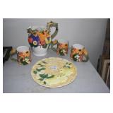PITCHER AND 3 MUGS AND EASTER SERVING DISH.
