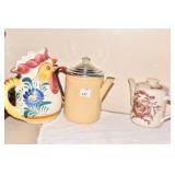 PORCELAIN COFFEE POT, ROOSTER PITCHER, TEA POT.