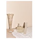 SWAN COVERED DISH, VASES.