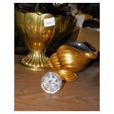 BRASS DISH, SHELL, CRYSTAL STOPPER