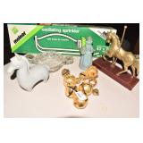 BRASS HORSE FIGURINE, SPRINKLER, ETC.