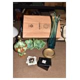 BLUE TALL GLASS VASE BRASS DISH