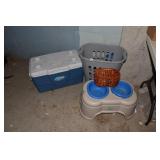 COOLER, LAUNDRY BASKET AND DOG WATER AND FOOD