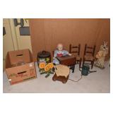 PORCELAIN DOLL IN SCHOOL CHAIR, SUNFLOWER WHEEL