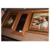 2 PICTURES OF CHILDREN AND WOOD FRAME MIRROR