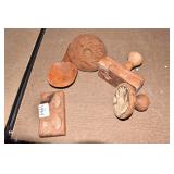4 ANTIQUE BUTTER PRESS AND WOOD SPOON