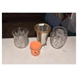 PRESSED GLASS VASE AND GOLD RIM GLASSES.