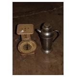 SCALE AND COFFEE POT.