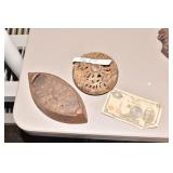 STONE TRINKET BOX, FOREIGN CURRENCY, CAST IRON..