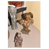 METAL LADY, WOOD ELEPHANT, EGYPTIAN STATUE.