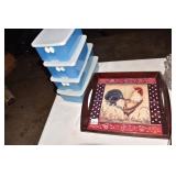 4 STACK BOXES, ROOSTER TRAY W/ 1 TILE CRACKED.