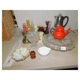BUD VASES, CAKE PLATE, THERMOMETER, TEA POT, ETC.
