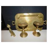 BRASS CANDLE STICKS, TRAY ETC.