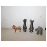 SMALL BRASS VASES, HORSE FIGURES