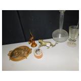 BRASS LION, TIP OF AMBER BIRD CHIPPED, ETC.