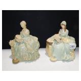 2 CHALK FIGURINES WOMAN SITTING 7" H, 1 HAS HOLE