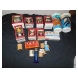 HALLMARK ORNAMENTS, WOODEN THREAD SPOOLS, ETC.